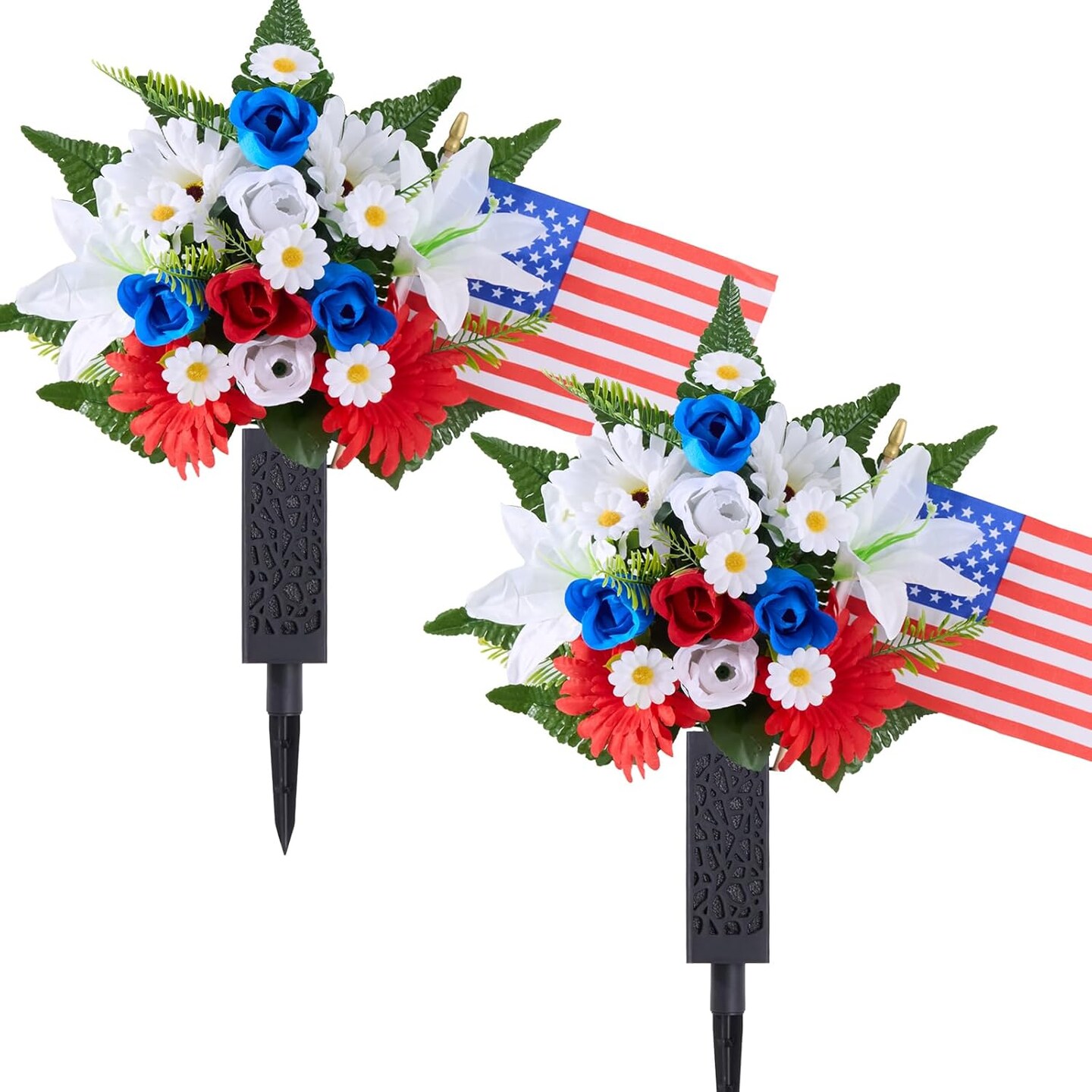 Memorial Day Flowers for Cemetery - Patriotic Red White and Blue Artificial Roses with American Flag - 12-Head Silk Grave Decorations for Veterans - Weather Resistant Memorial Flowers with Ground Stake