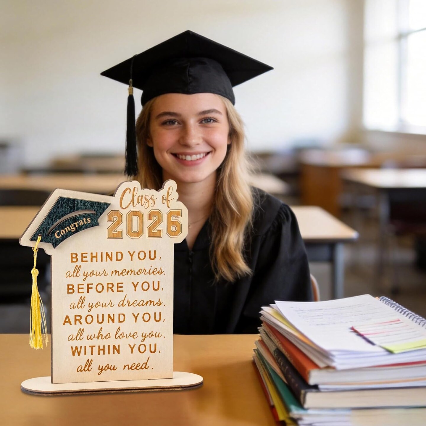 Graduation Decorations, Graduation Gifts for Class of 2026, Graduation Quote Wood Sign Desk Decor, Positive Behind You All Your Memories Wood Plaque with Stand Desk Decoration Grad Gift