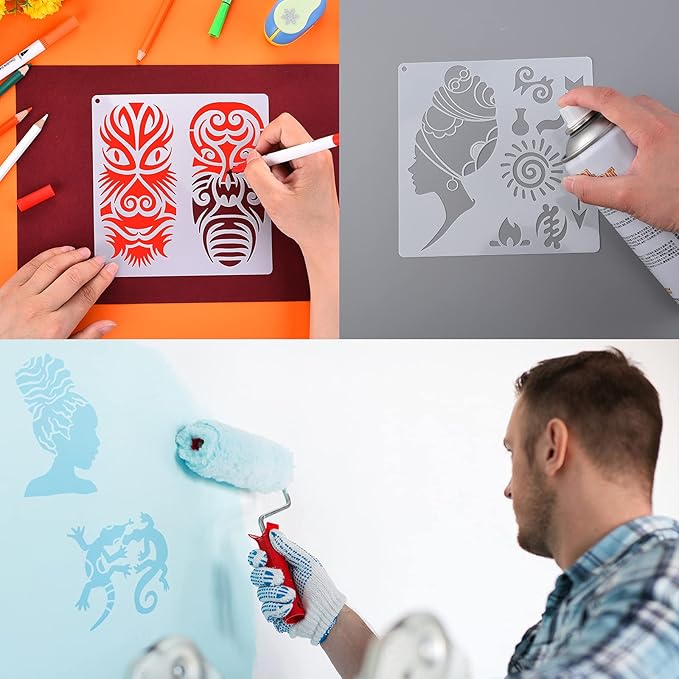 16 Pieces African Tribal Stencils Congo Mask Stencil Tribal Faces Stencil African Stencil Template Art and Craft Wall Painting Stencil and Metal Open Ring for Painting on Wood Wall Decor