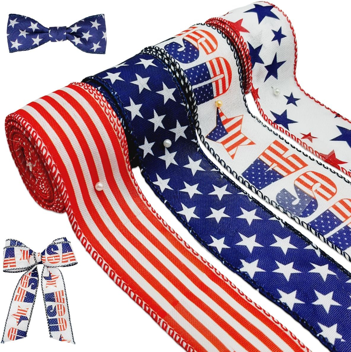 4 Rolls Patriotic Wired Edge Ribbon 12 Yard Buffalo Plaid Ribbon 4th of July Stars and Stripes Wrapping Ribbon for Independence Day Craft Decor