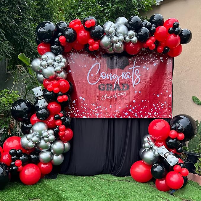 139Pcs Red and Black Balloon Arch Garland Kit for Graduation Party Decorations,Red Black White Silver Confetti Explosion Star Balloons for Class of 2026 Congrats Grad Celebrations Birthday Supplies