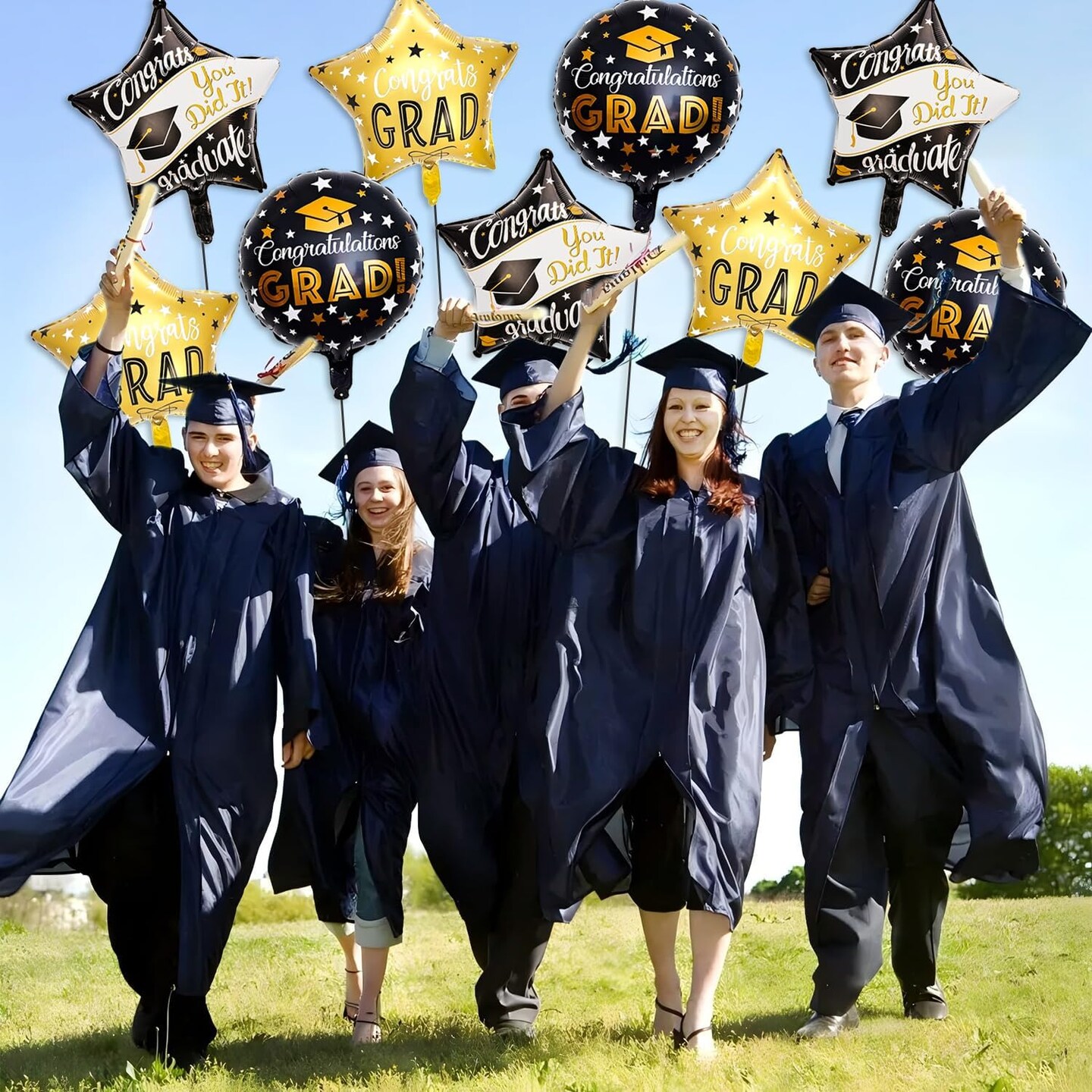 9 Pcs Black and Gold Graduation Foil Balloons - 18 Inch Star & Round Mylar Balloons for Class of 2026 - High School, College, and Preschool Congrats Grad Party Decorations