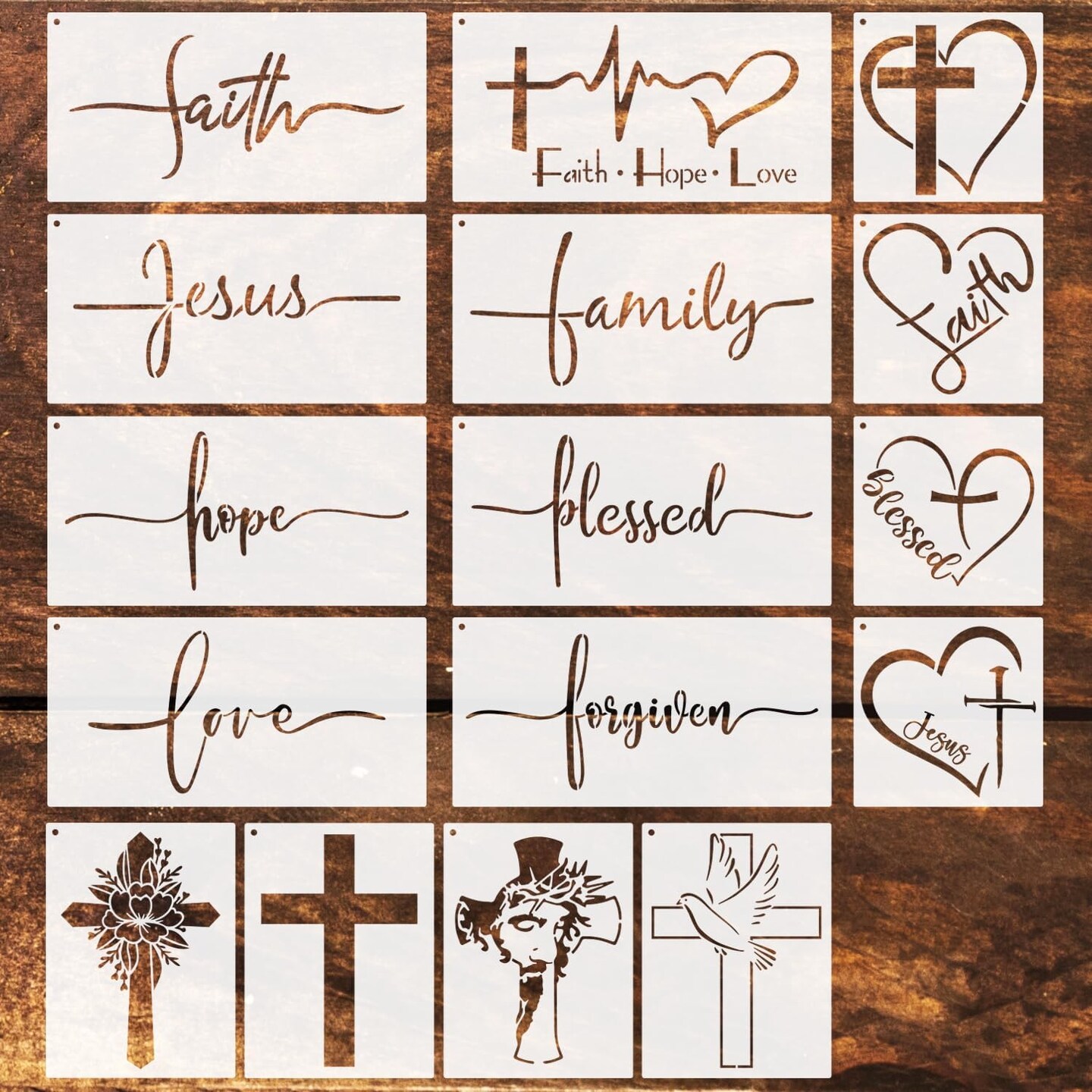 16 Pieces Cross Painting Stencils Set, Christian Bible Stencils, Believe Jesus Forgiveness Cross Template, Reusable Stencil for All Wood Stone Canvas Bags and More Decorative Painting
