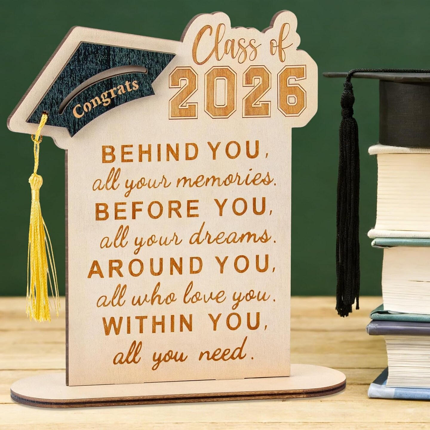 Graduation Decorations, Graduation Gifts for Class of 2026, Graduation Quote Wood Sign Desk Decor, Positive Behind You All Your Memories Wood Plaque with Stand Desk Decoration Grad Gift
