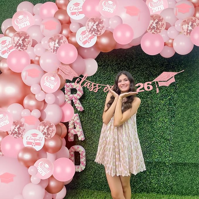 Graduation Balloon Arch Kit 2026 Pink, 18" 10" 5" Pink Rose Gold Balloons with Class of 2026 Banner for Congrats Grad Decorations College High School Graduation Party Decorations