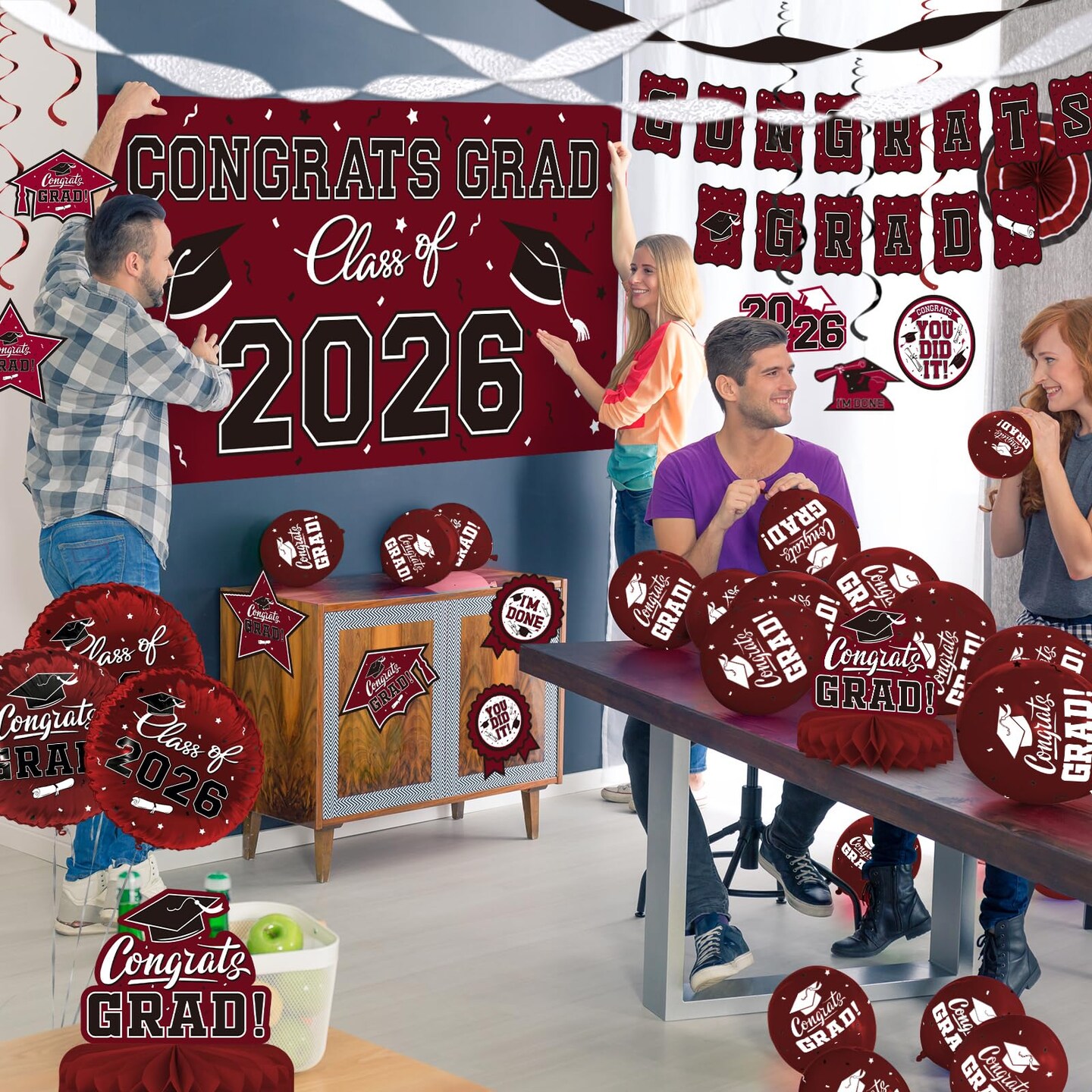 Maroon Themed 2026 Graduation Decorations Set - Congrats Grad Banner, Class of 2026 Backdrop, Balloons & Streamers Kit - Complete Party Supplies for High School & College Celebrations