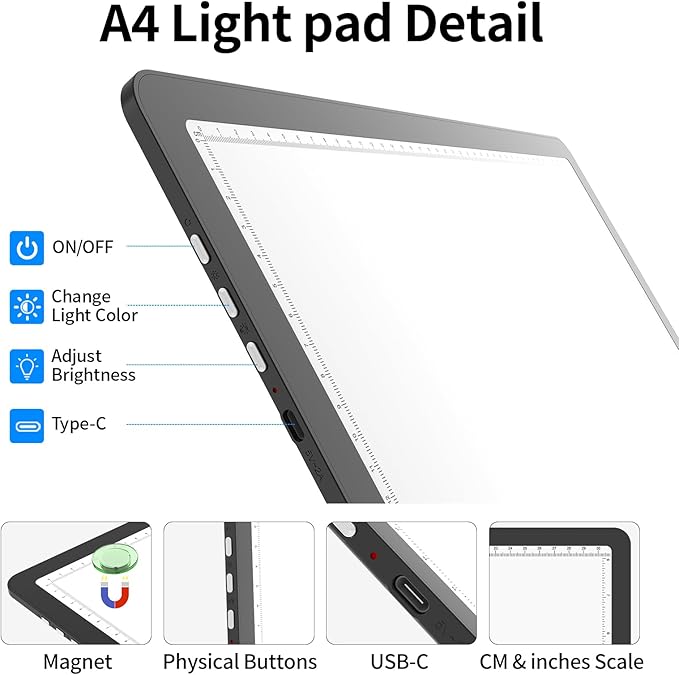 A4 Light Board for Diamond Painting, Super Bright Magnetic Light Pad with Side Buttons, Lightbox for Tracing and Drawing, Corded Light Table for Sketching, Animation, Weeding Vinyl (Black)