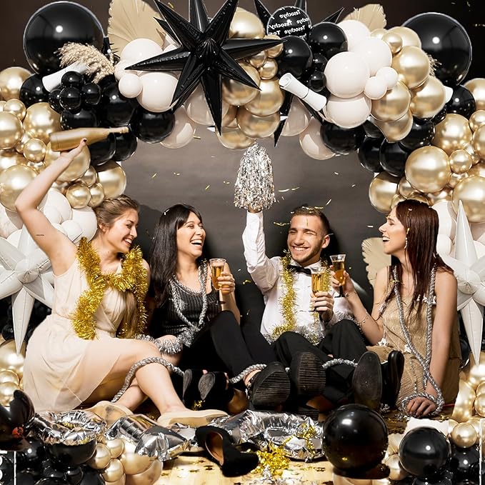 Black And Gold Balloon Arch Kit,Sand White Chrome Gold Balloons with Exploding Star Foil Balloons for New Year Decorations Graduation Retirement Adult Birthday Party Wedding Decor