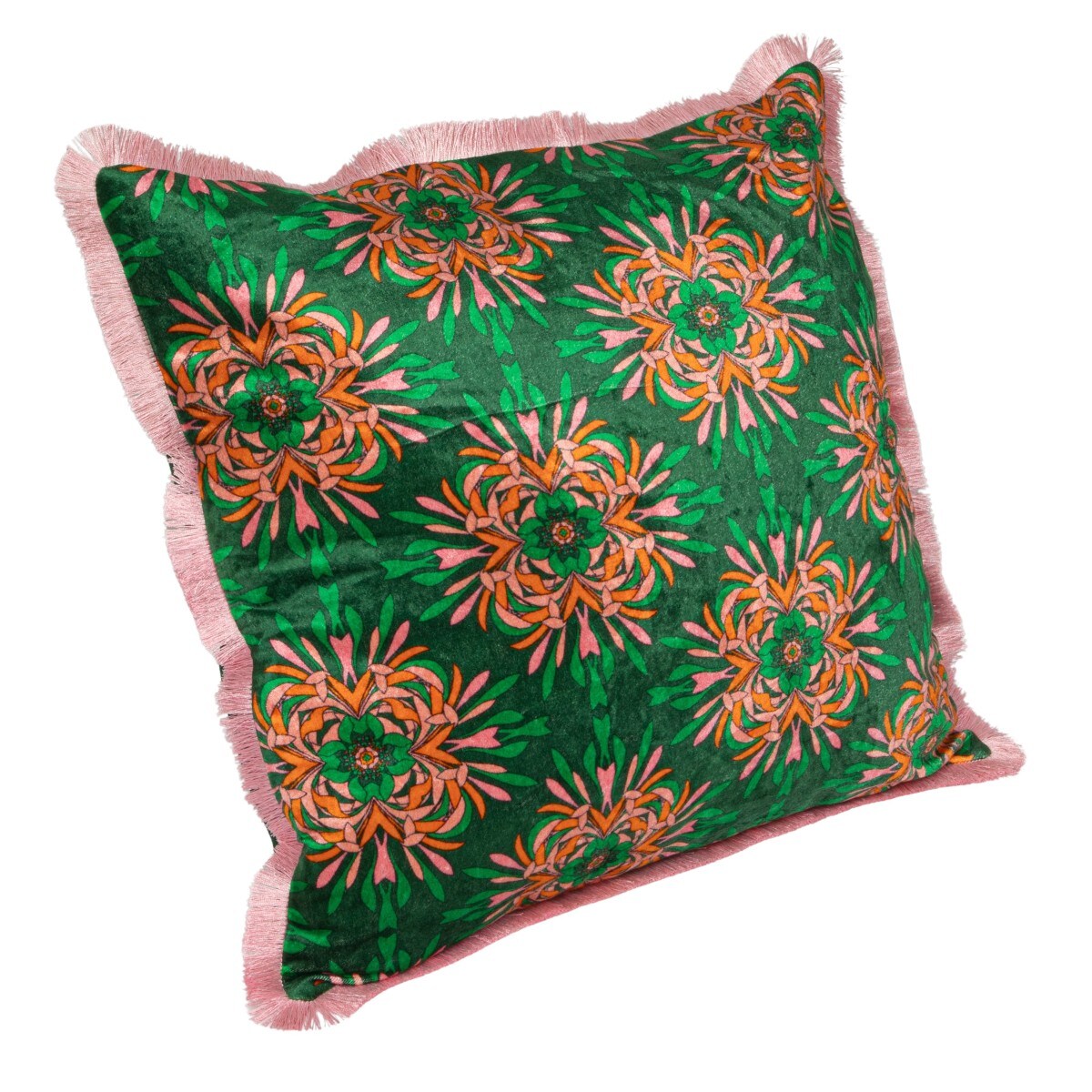 Hello Honey Cotton Blend Velvet Printed Pillow with Floral Pattern and Eyelash Fringe, Green, Pink and Orange