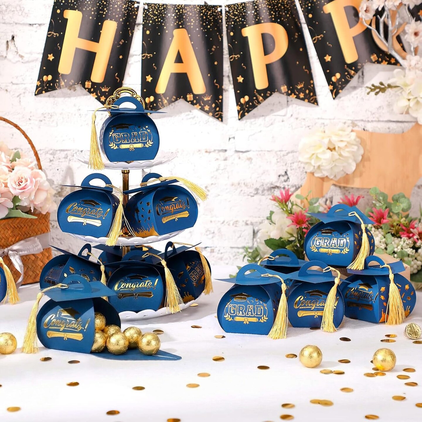 30 Pcs Graduation Cap Gift Box Graduation Party Favors Candy Boxes Treat Box with Tassel Table Centerpieces Class of 2026 Grad Decorations(Blue, Gold)