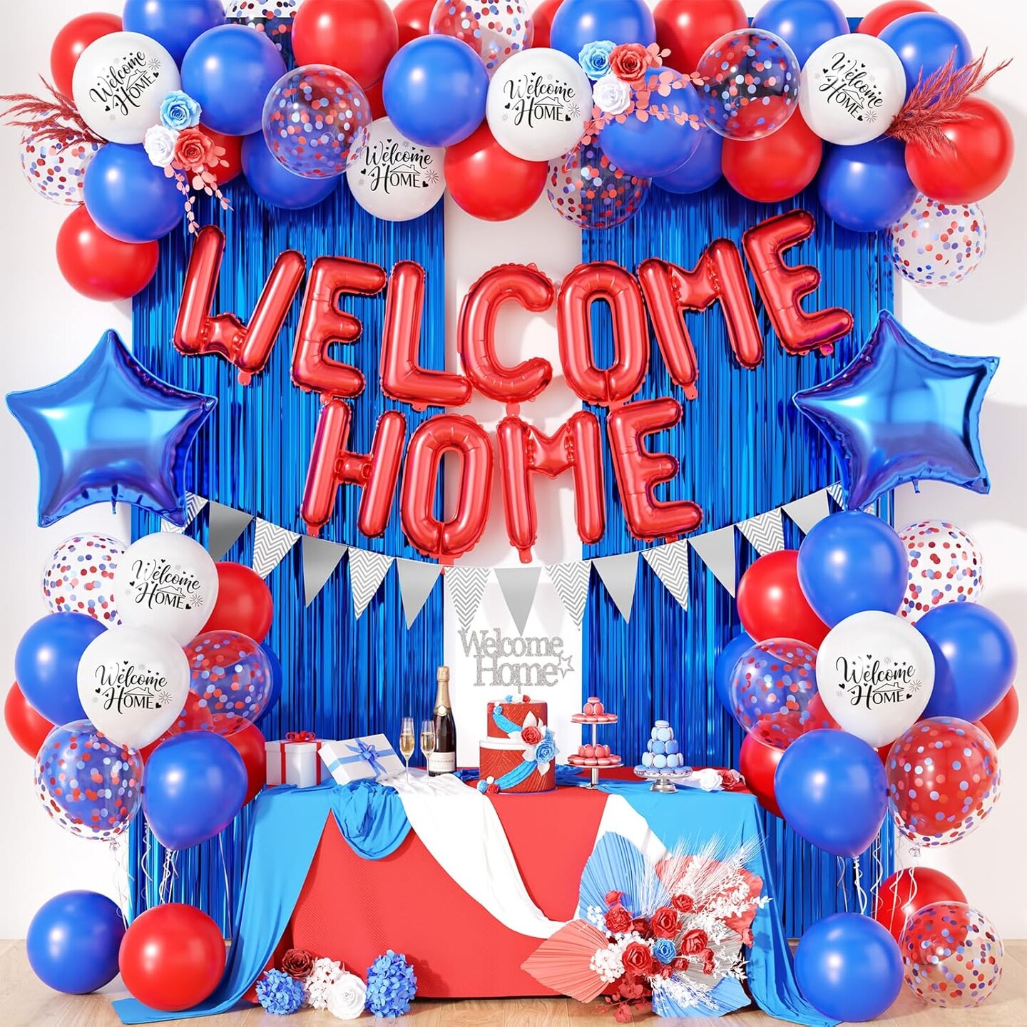 Blue Red White Welcome Home Decorations Kit – Balloons, Banner, Fringe Curtain & Cake Topper for Patriotic 4th of July, Military Homecoming & Family Welcome Party Supplies