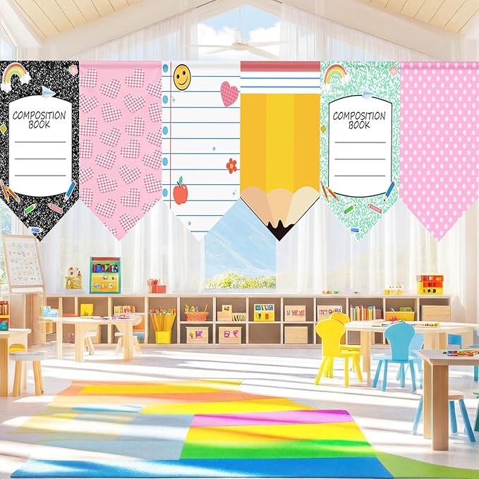 6 Pcs Classroom Curtains Back to School Decoration Composition Book Notebook Pencil Curtains 24" x 36" First Day of School Party Decor Colorful for Daycare Bedroom Playroom Room Window