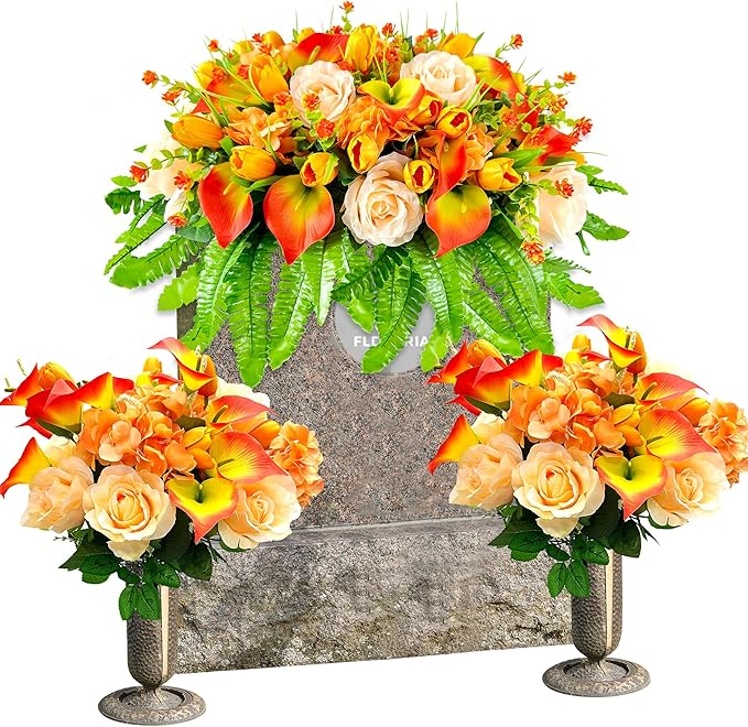 Headstone Flower Saddle Cemetery Flowers for Grave - Artificial Tulips Roses Sympathy Flowers for Gravesite Decoration