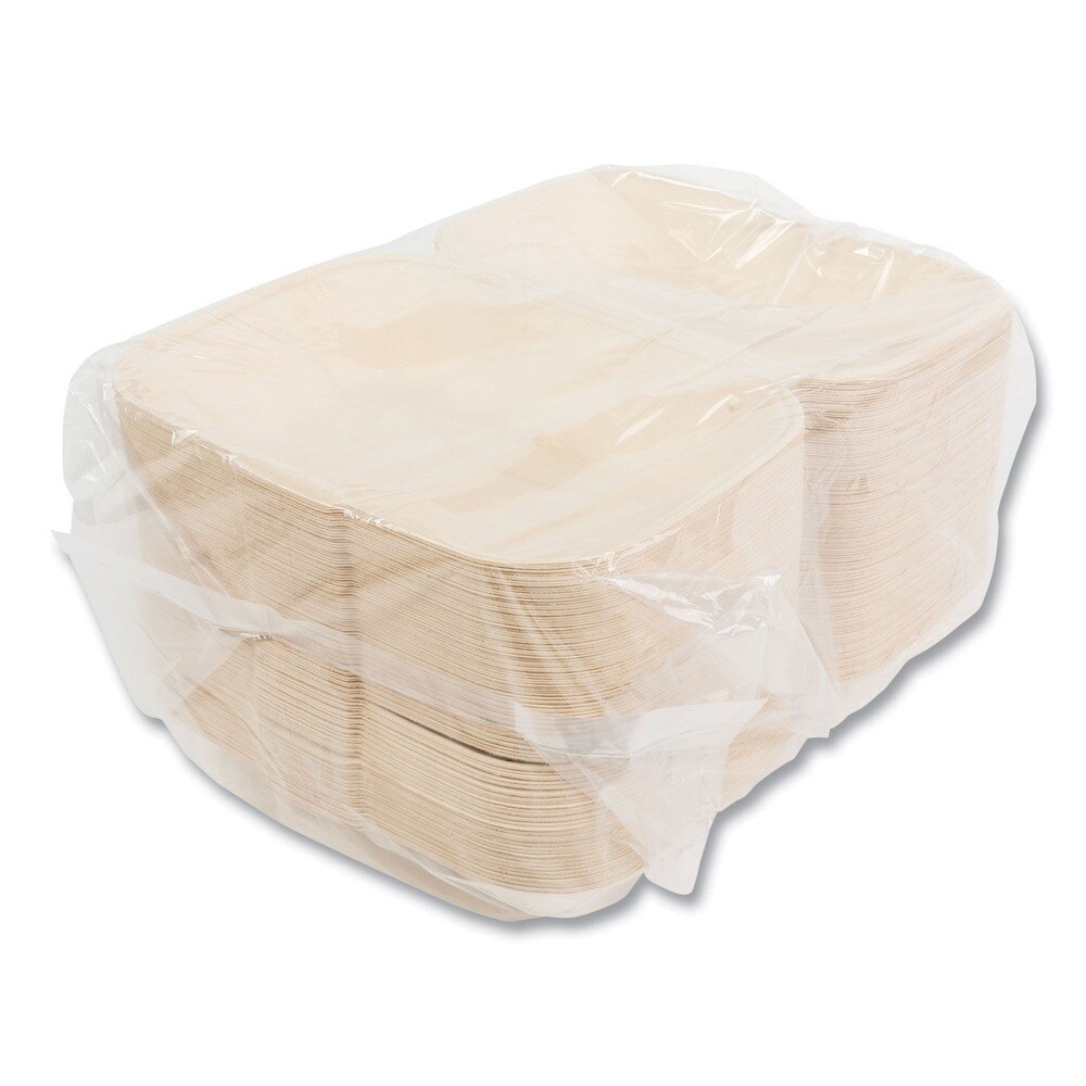 Boardwalk 6 in. x 3 in. x 9 in. Bagasse PFAS-Free Hinged Lid Food Containers - Tan (250/Carton)