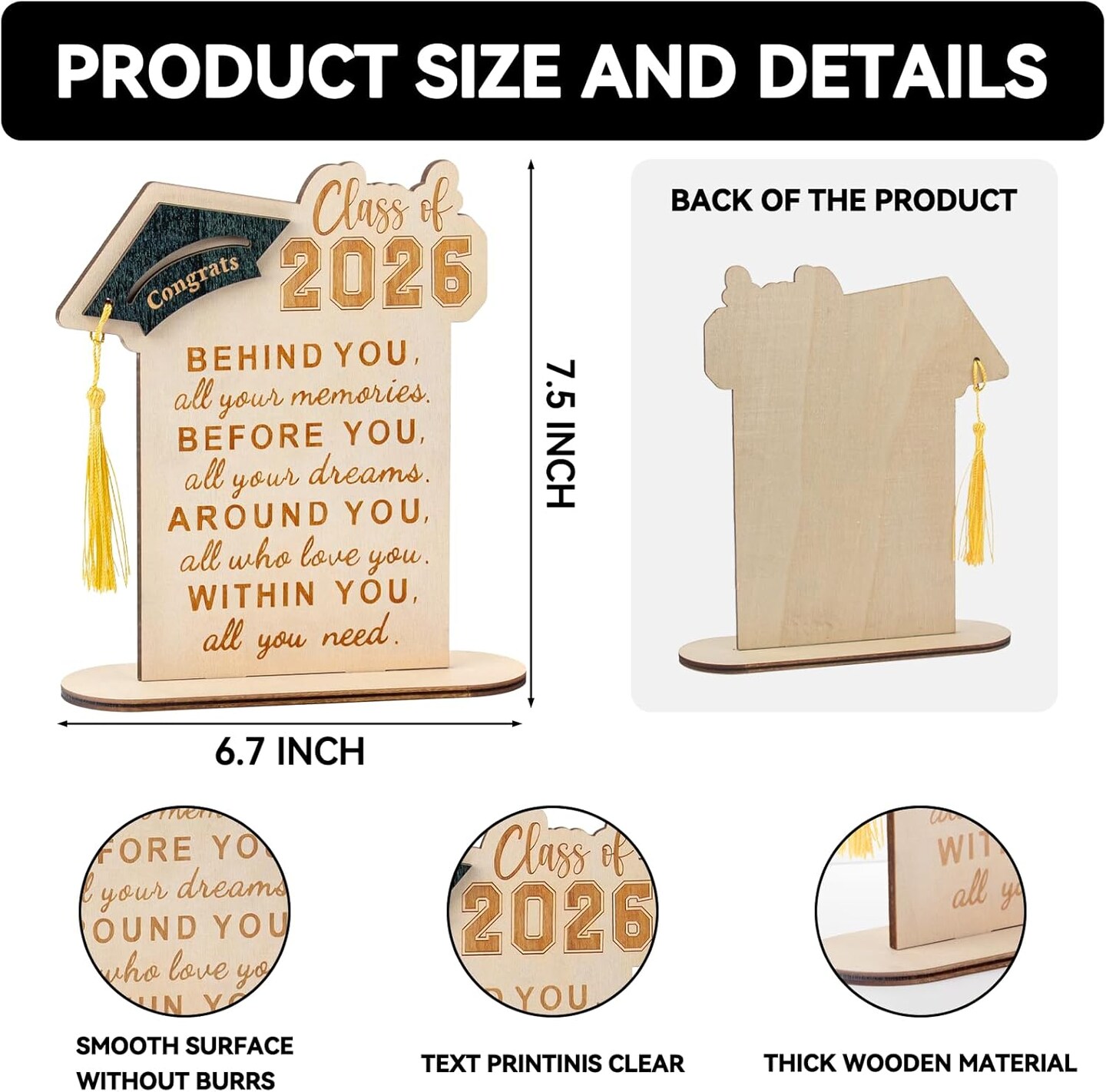 Graduation Decorations, Graduation Gifts for Class of 2026, Graduation Quote Wood Sign Desk Decor, Positive Behind You All Your Memories Wood Plaque with Stand Desk Decoration Grad Gift
