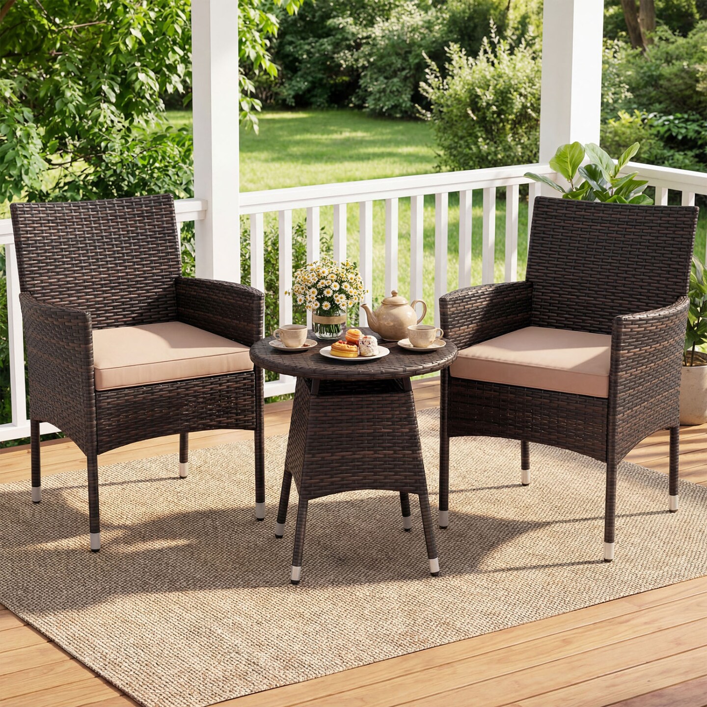 3 Piece Patio Bistro Set Outdoor Rattan Furniture Set with 2 Chairs Cushions and Round Coffee Table for Balcony Porch Garden
