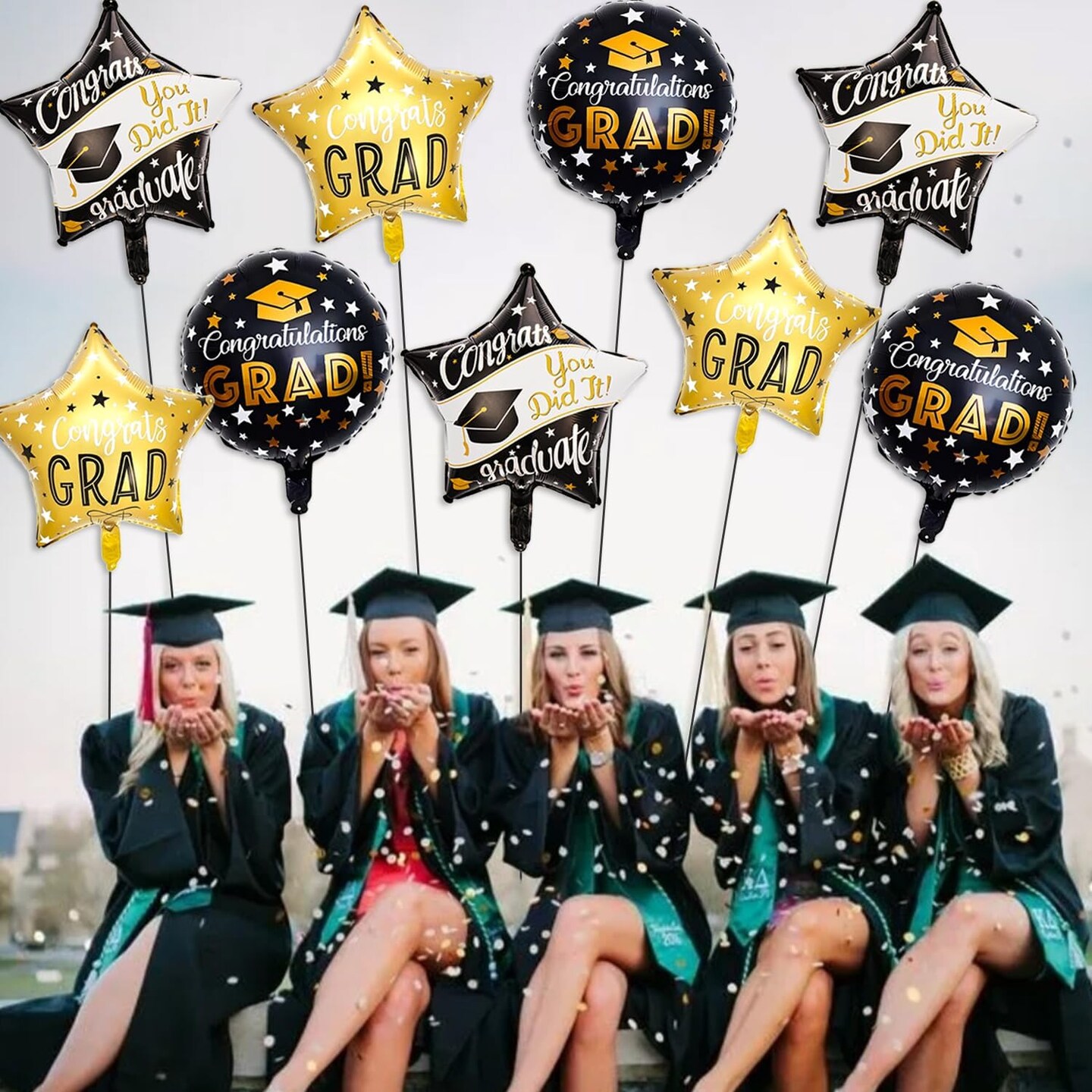 9 Pcs Black and Gold Graduation Foil Balloons - 18 Inch Star & Round Mylar Balloons for Class of 2026 - High School, College, and Preschool Congrats Grad Party Decorations