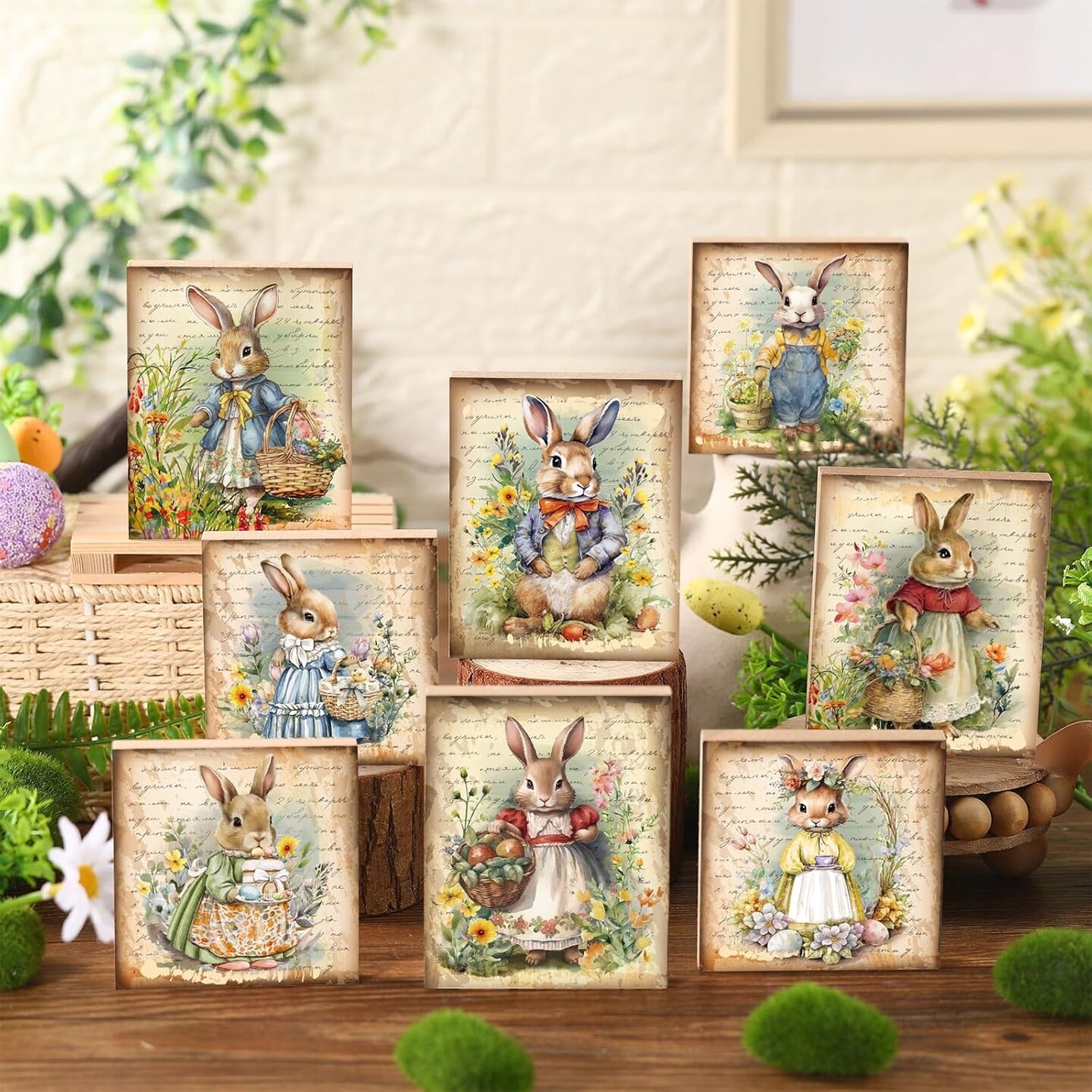 8 PCS Vintage Easter Wooden Table Decor – Retro Bunny & Egg Rustic Tiered Tray Signs for Spring Farmhouse Tabletop, Fireplace, Shelf & Easter Centerpiece Decoration