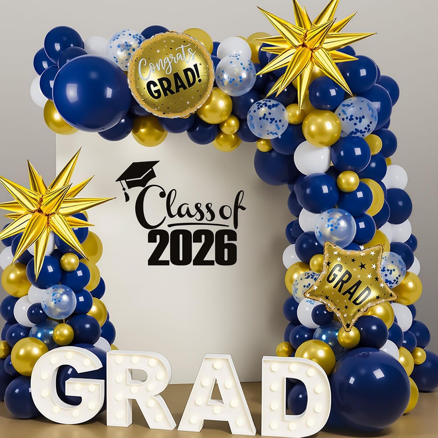 2026 Graduation Balloon Arch Garland Kit, 18" 10" 5" Navy Blue Gold White Balloons for Congrats Grad Decorations College High School Class of 2026 Party Supplies