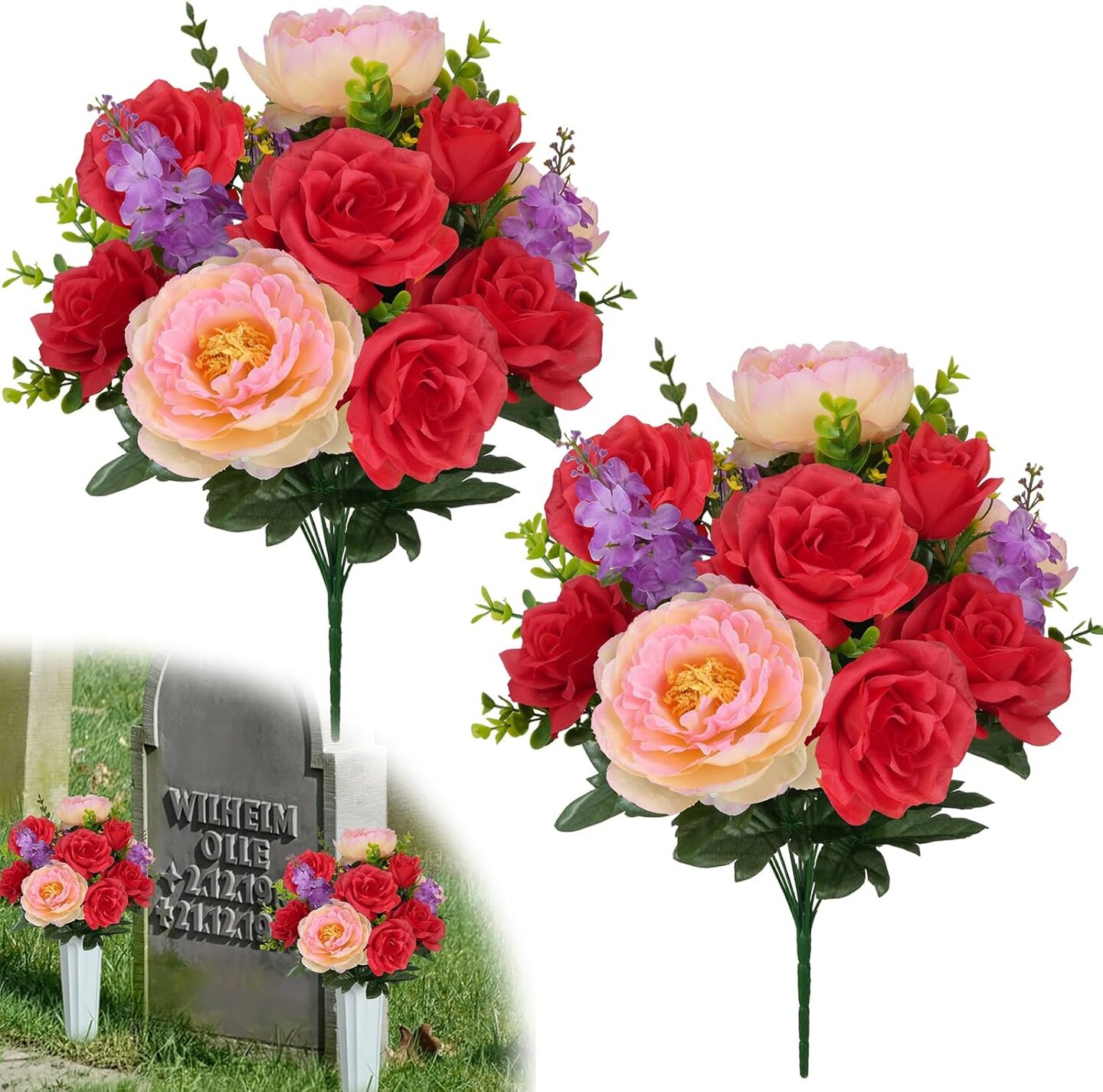2Pcs Artificial Cemetery Flowers for Grave - 18" Silk Peony & Rose Bouquet - UV Resistant Memorial Flowers for Headstone Vases, Outdoor Gravesite & Home Table Centerpieces