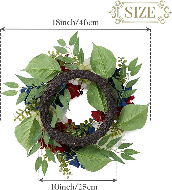 4th of July Wreath for Front Door with Lights, Red White Blue Patriotic Hydrangeas Wreath Memorial Day Decorations with Eucalyptus Leaves Butterfly for USA 250th Anniversary Summer, 18"