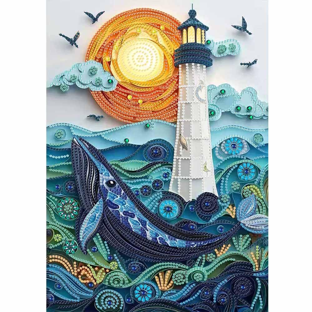Moon Lighthouse Special Shape Diamond Art Kits for Adults Beginners,DIY Sea Dolphin Crystal Rhinestones Diamond Painting Kit for Adults,5D Diamond Art Painting for Home Wall Decor 12 X 16inch