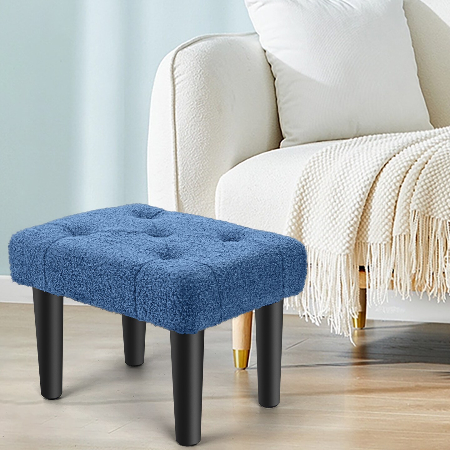 Blue Small Tufted Footrest Stool, Compact Teddy Velvet Ottoman for Living Room