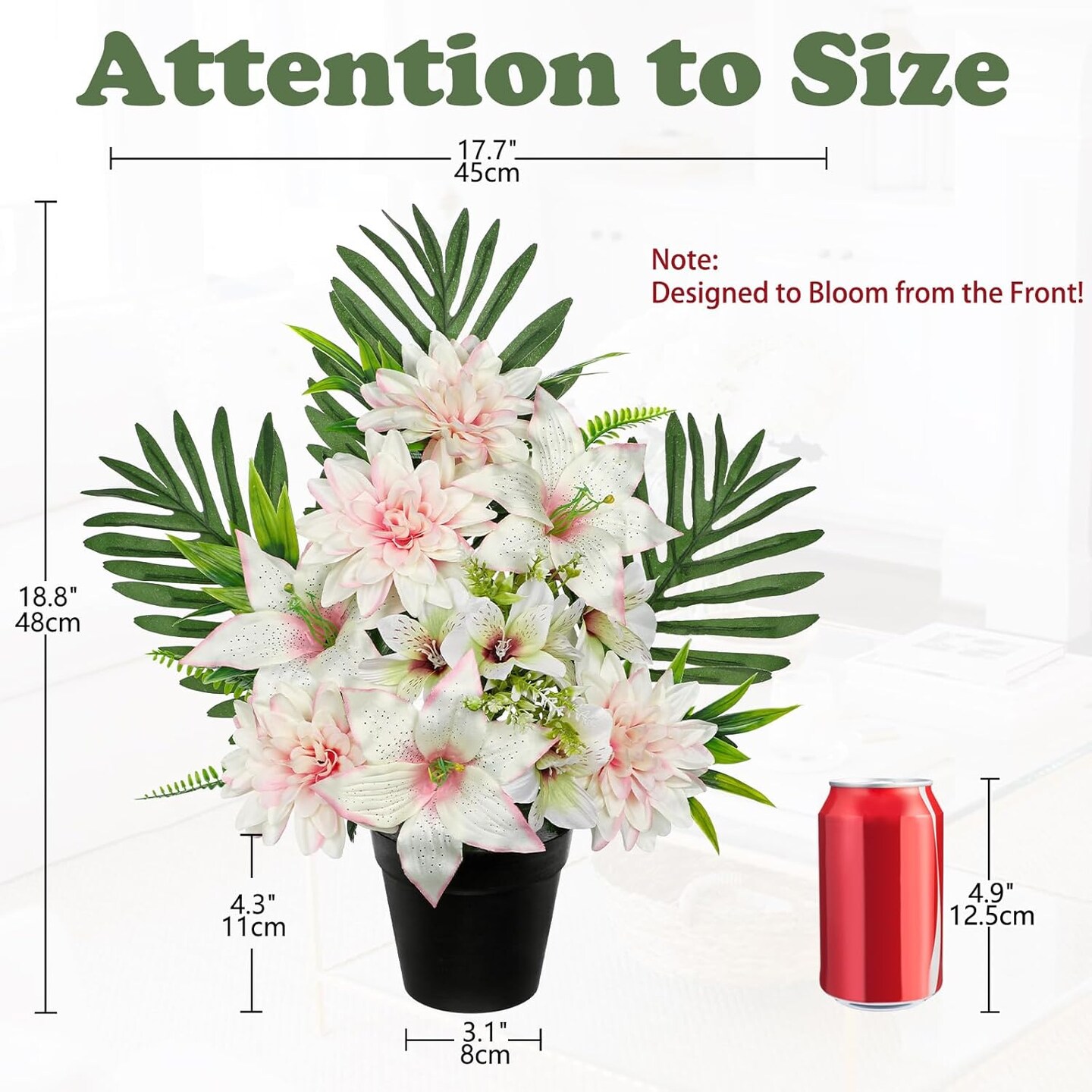 Artificial Cemetery Flowers in Weighted Pot - 18.8" Silk Pink & White Lily and Dahlia Arrangement - Weather Resistant Potted Funeral Flowers for Grave, Headstone & Outdoor Memorial