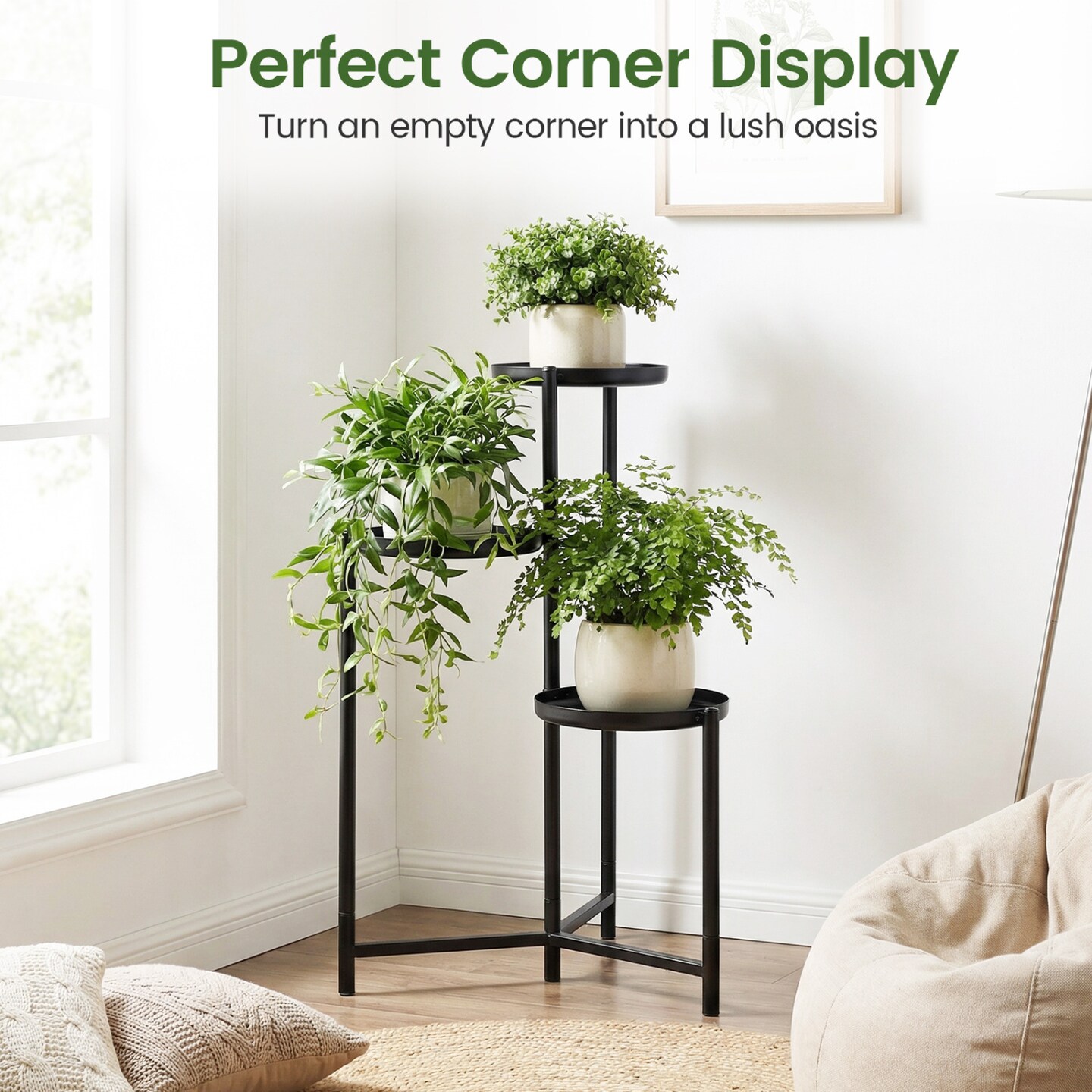 Black Metal Plant Stand 3 Tier Corner Flower Shelf Indoor Outdoor Plant Display Rack for Pots Living Room Balcony Window Decor