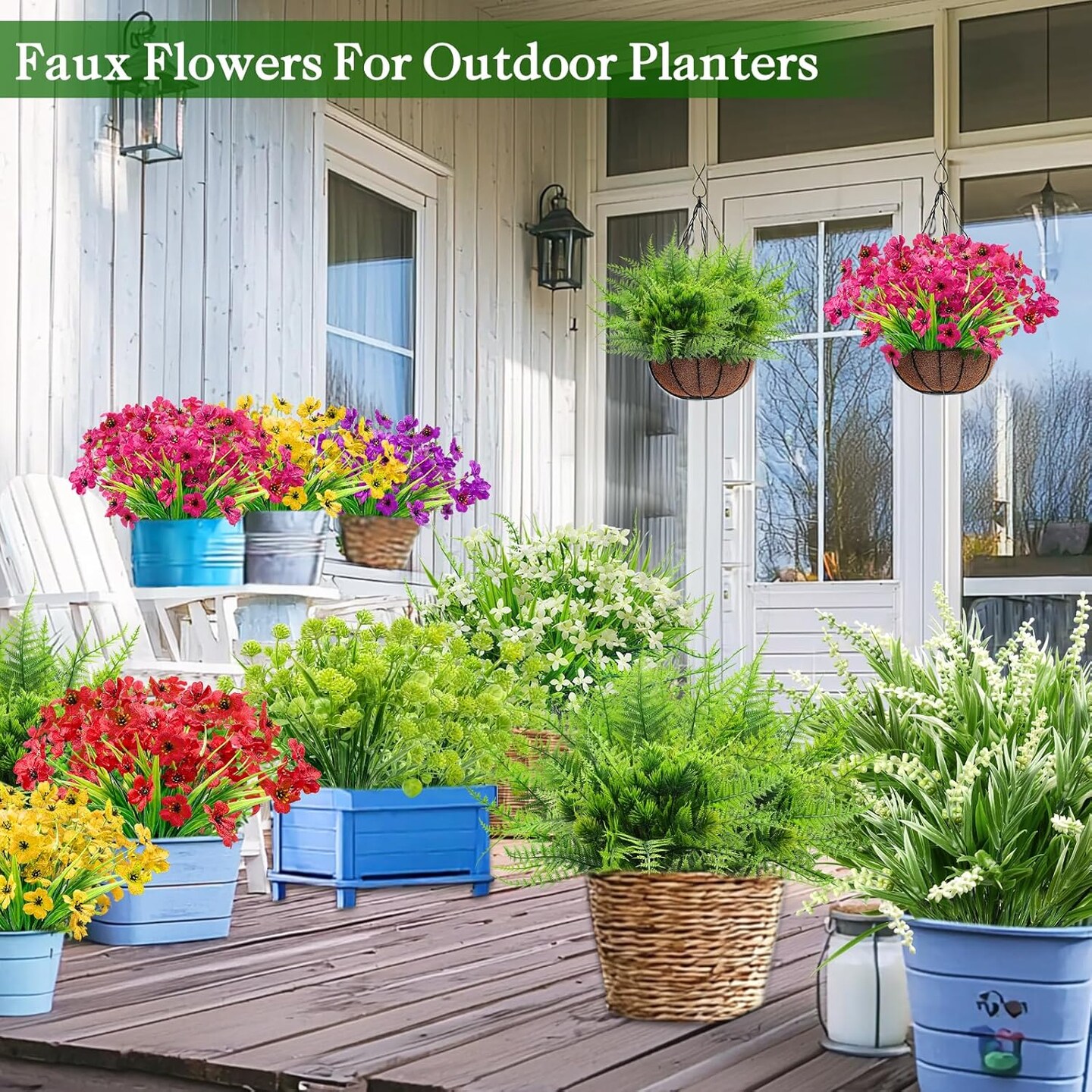 24 Bundles Artificial Flowers for Outdoors - UV Resistant Fake Flowers & Faux Plastic Plants - 8 Styles of Colorful Daisies, Boston Ferns, and Lavender - All-Season Decor for Porch, Patio, Window Boxes, and Cemetery