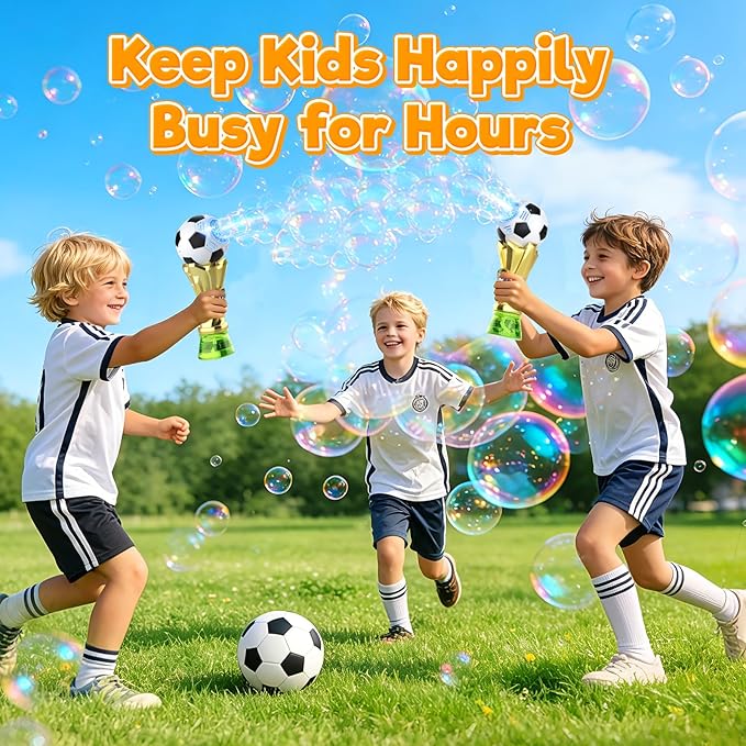 Bubble Machine for Kids – Soccer Trophy Automatic Bubble Blower Wand with 2 Solution Refills, LED Light Up Bubble Maker Blaster, Outdoor Summer Toys Birthday Gift for Boys Girls Ages 3-12