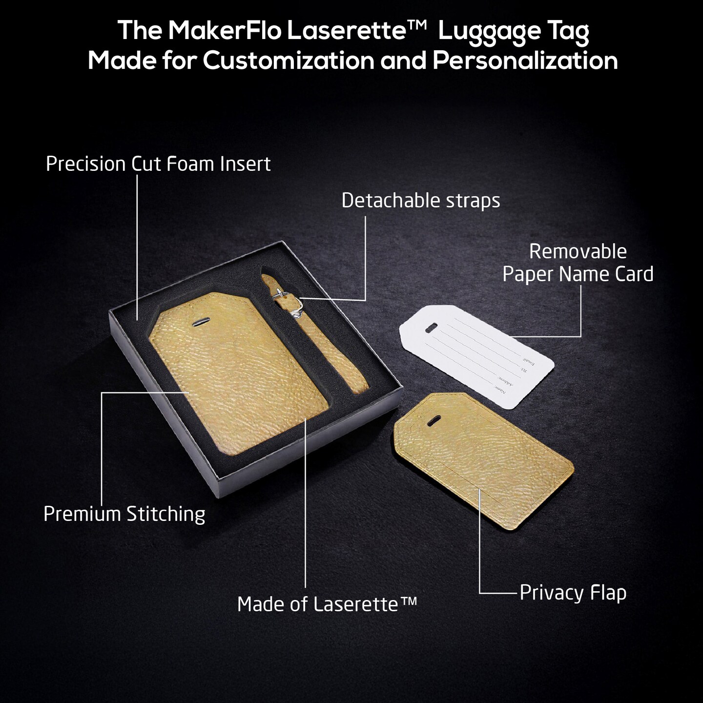MakerFlo Laserette™ Luggage Tag Blank, Pack of 12 Engravable Leatherette Travel Bag Tag with Privacy Flap, Laser Engraving Material, Wholesale & Bulk