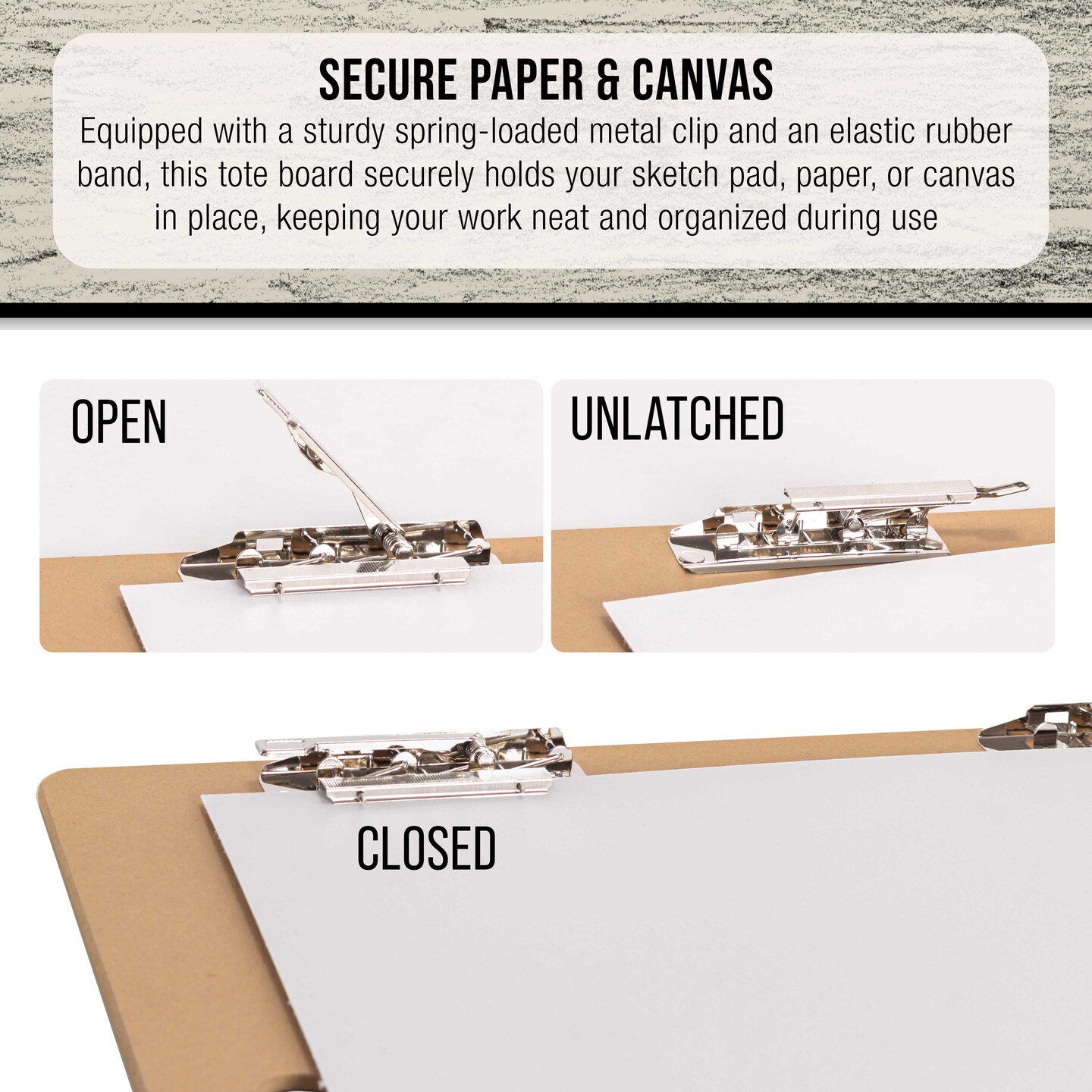 23" x 26" Artist Sketch Tote Board - Lightweight Hardboard Drawing Board with Handle, Clip & Rubber Band for Art, Sketching, Travel, Studio