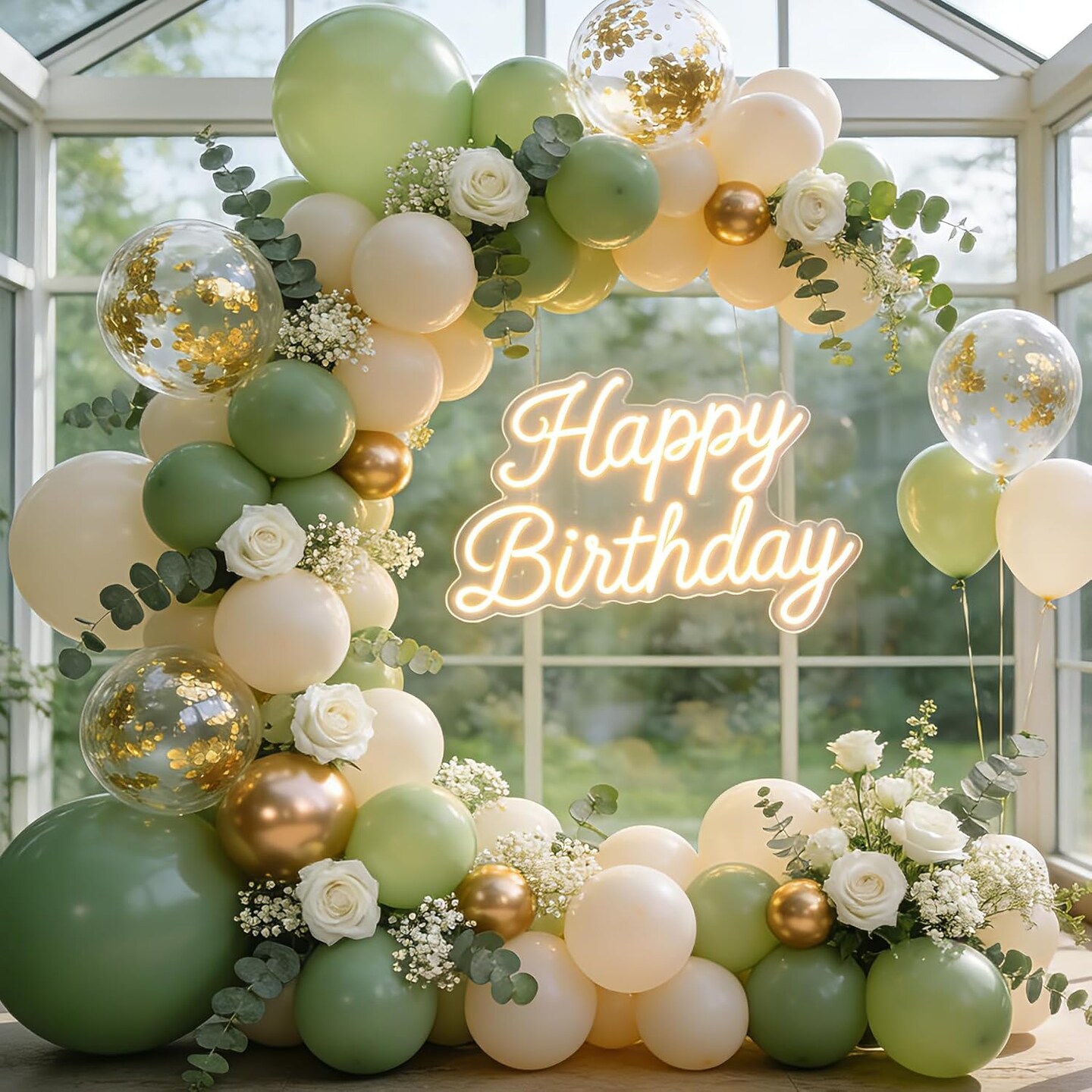 Sage Green & Gold Balloon Garland Kit – 50PCS 12 Inch Olive Green, Sand White, Metallic Gold & Confetti Balloons for Baby Shower, Birthday, Wedding, Bridal Shower & Party Decorations with Ribbon