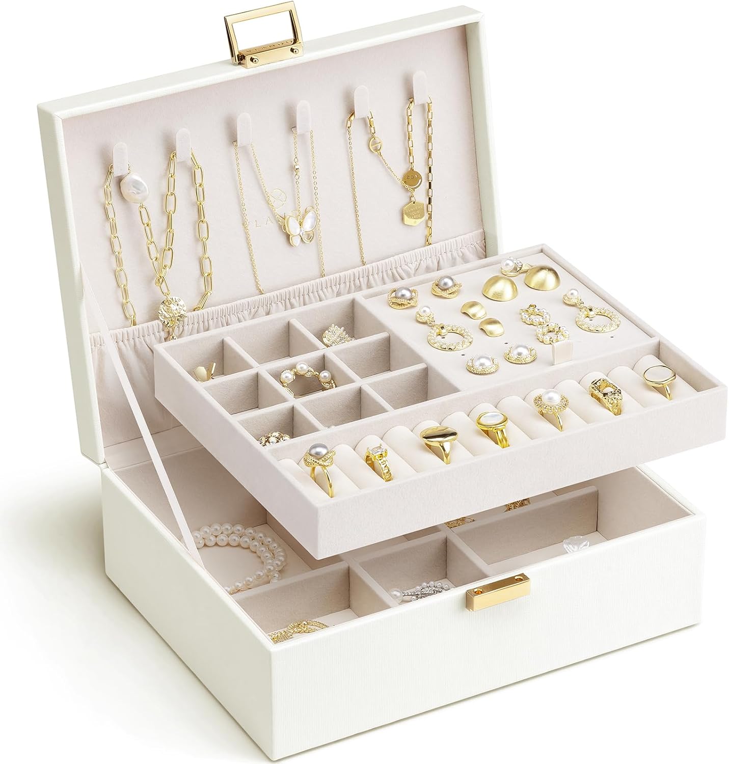 2-Layer Jewelry Box for Women – Large Jewelry Organizer with Removable Tray, PU Leather & Velvet Lining, Necklace Hooks, Earrings, Rings & Watch Storage – Elegant Cream White Gift for Women & Girls