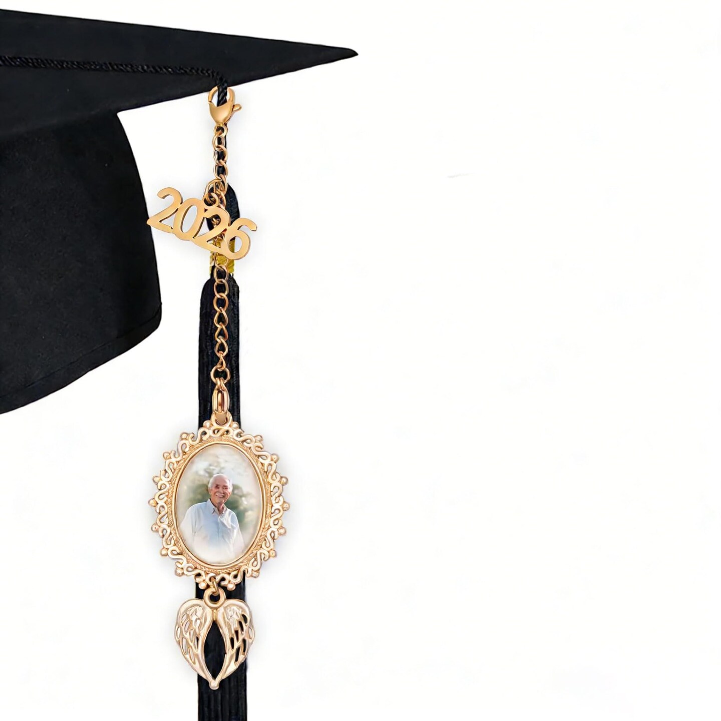 Graduate Memorial Photo Charm Tassel Memorial Charm Class of 2026 Graduation 2026 DIY in Memory Mortarboard Decoration for Cap and Gown Ceremony Charms (gold heart tassel)