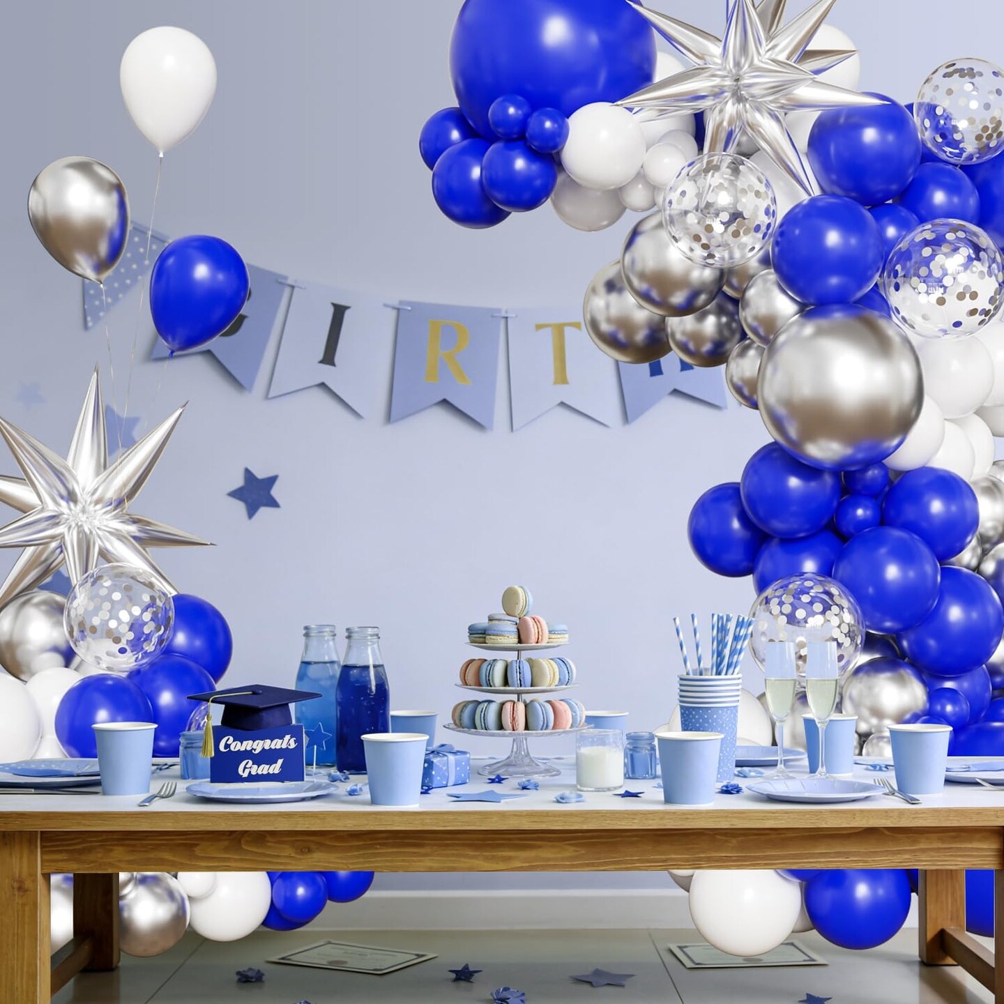 130PCS Blue White Silver Balloon Arch Kit – Graduation Decorations with Star Foil & Confetti Balloons for Class of 2026 College & High School Party Backdrop