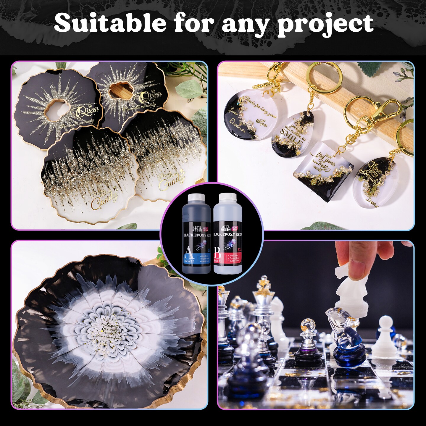 LET&#x27;S RESIN EPOXY RESIN Black Resin Epoxy,44OZ Bubble Free &#x26; High-Gloss Epoxy Resin Kit,Self Leveling Resin and Hardener for Art Crafts,Jewelry Making,Resin Molds