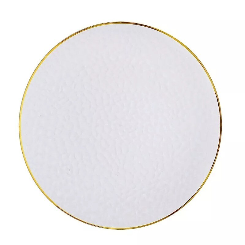 6 Clear 13 in Round Hammered Plastic CHARGER PLATES Gold Trim Party Decorations