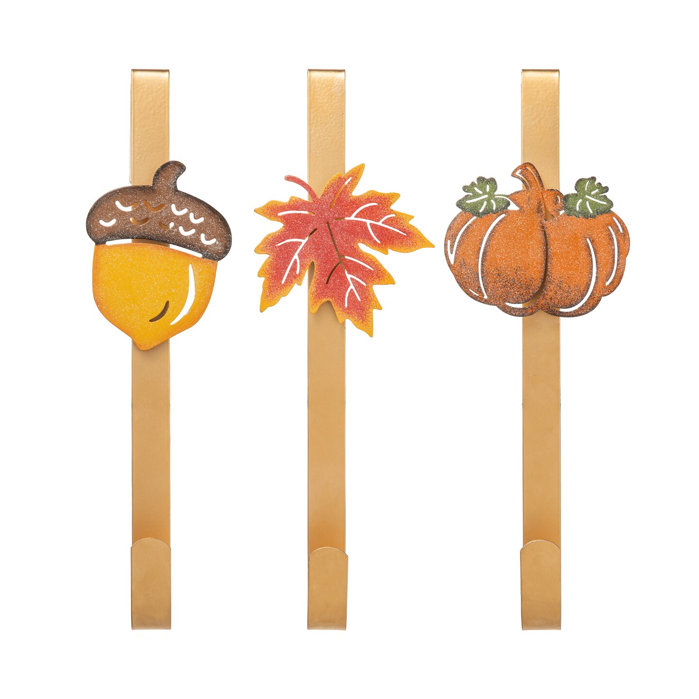 14&#x22;H Set of 3 Fall Metal Glitter Acorn, Leaf &#x26; Pumpkin Wreath Hanger