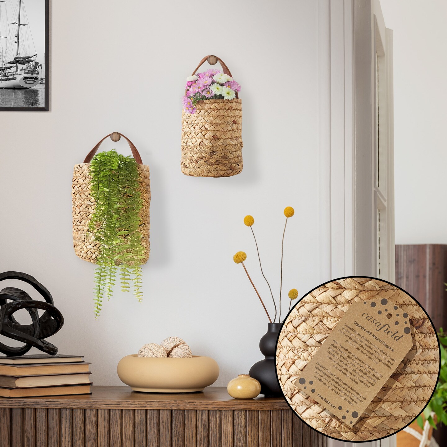 Casafield Set of 2 Water Hyacinth Wall Hanging Baskets with Handles (Small and Large) - Natural, Woven Boho Plant and Flower Storage Pots