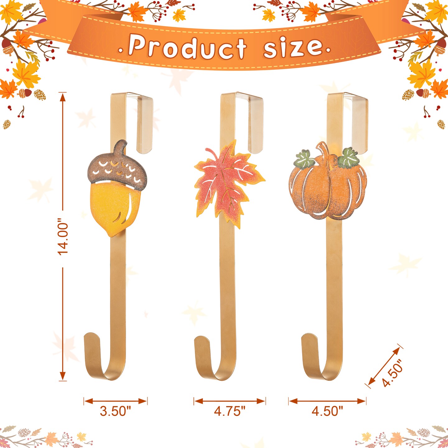 14&#x22;H Set of 3 Fall Metal Glitter Acorn, Leaf &#x26; Pumpkin Wreath Hanger