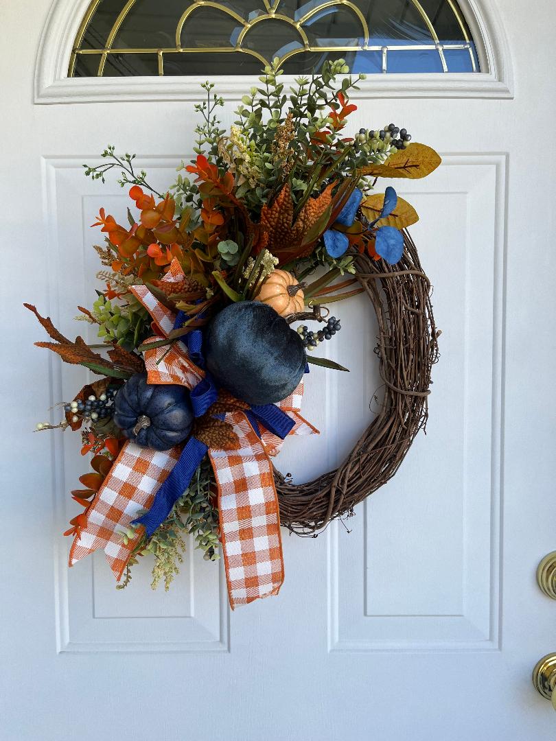 Fall wreath with blue and ivory factory on Grapevine Wreath for Front Door, Fall Grapevine Wreath for Door, Fall wreath for front door