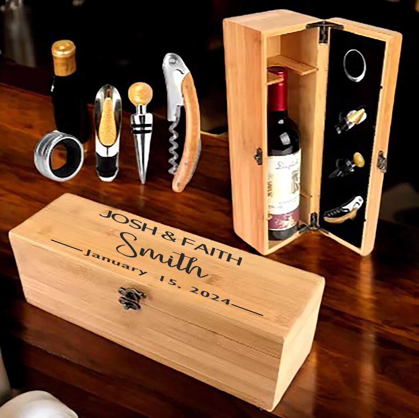 Wooden wine box - Custom wine box with accessories -Wine Box