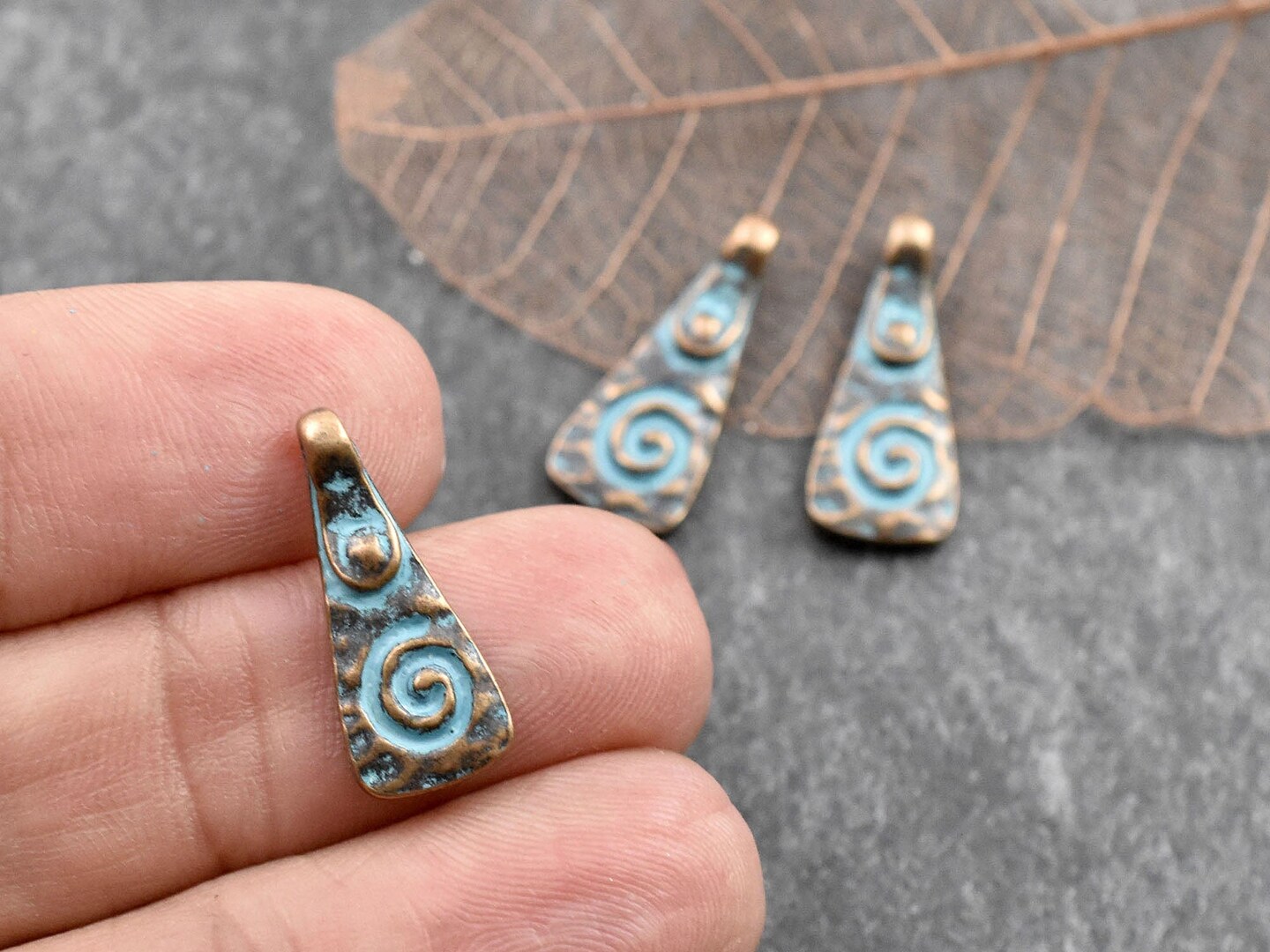*10* 20x8mm Copper Patina Mayan Spiral Drop Charms