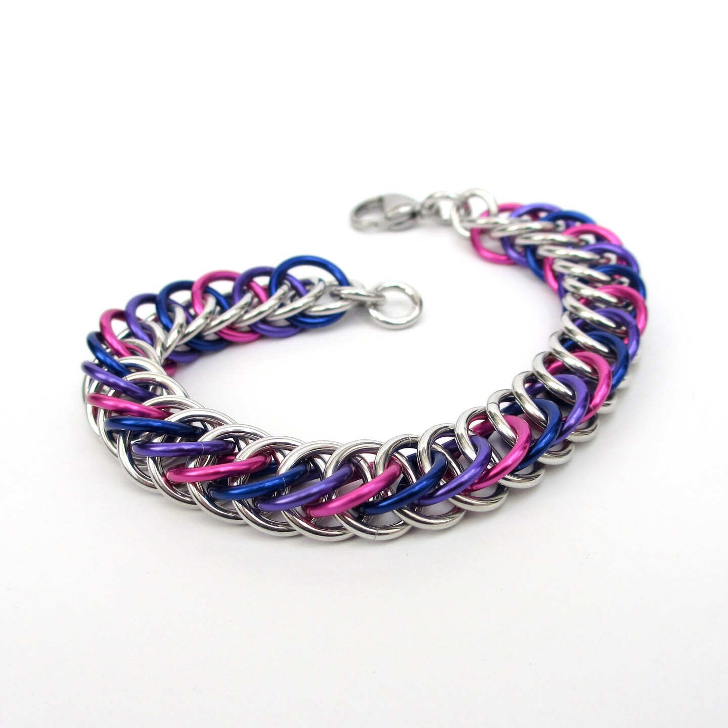 Bisexual pride bracelet, chainmail half Persian 4 in 1 weave