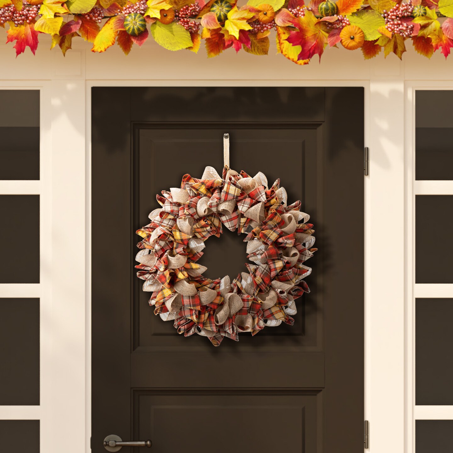 18.5&#x22;D Fall Doorway &#x26; Wall Fabric Plaid Wreath