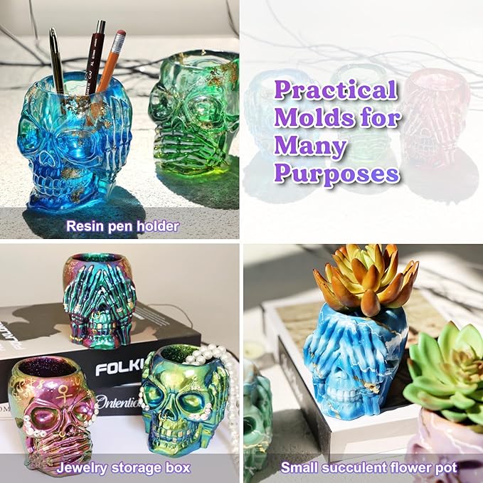LET&#x27;S RESIN Skull Resin Molds, Hear-no, Speak-no, See-no 3 Pcs Skull Silicone Molds for Resin Crafts, Cute Epoxy Resin Molds Silicone for Resin Casting, DIY Craft, Home Decor