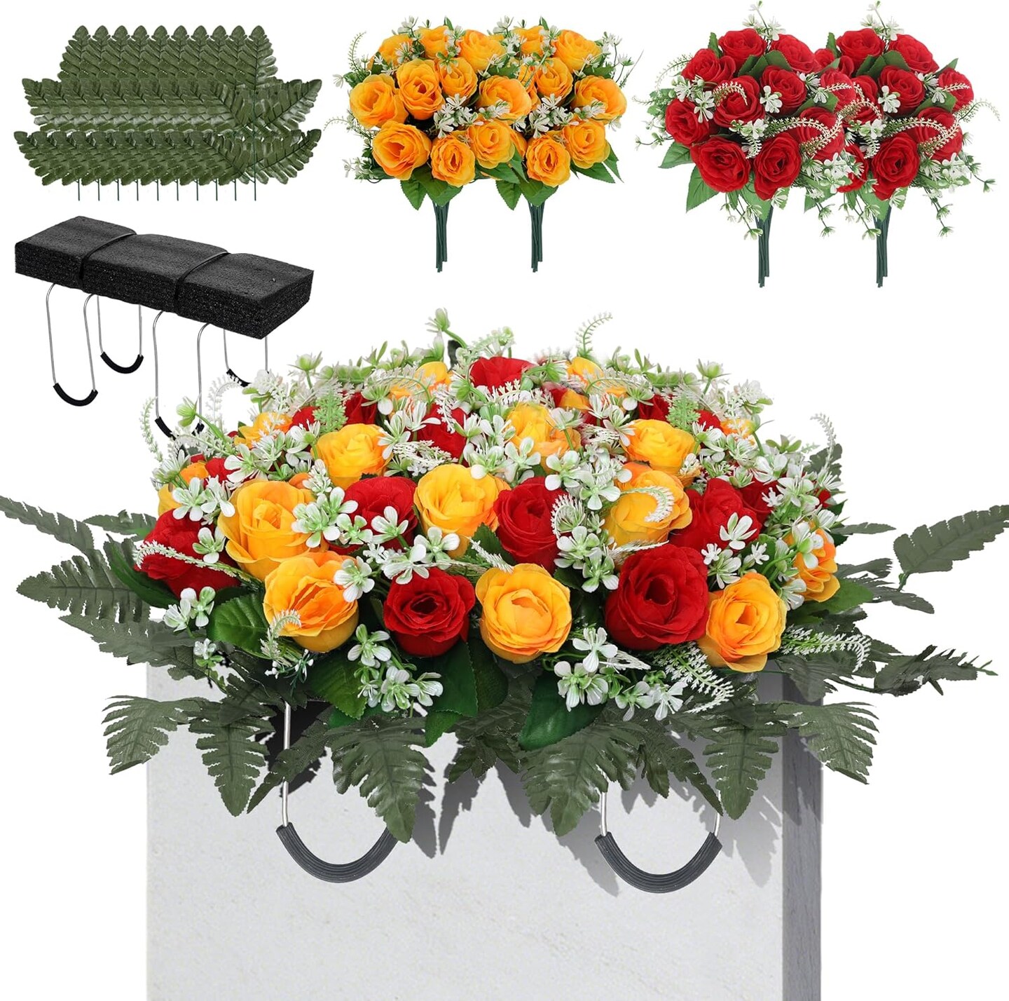 Artificial Cemetery Flower Saddles for Graves – 10 Pcs Silk Fern & 40 Realistic Rose Blossoms with Metal Headstone Holder –Resistant Memorial Flowers for Tombstone Decor (Red Yellow)