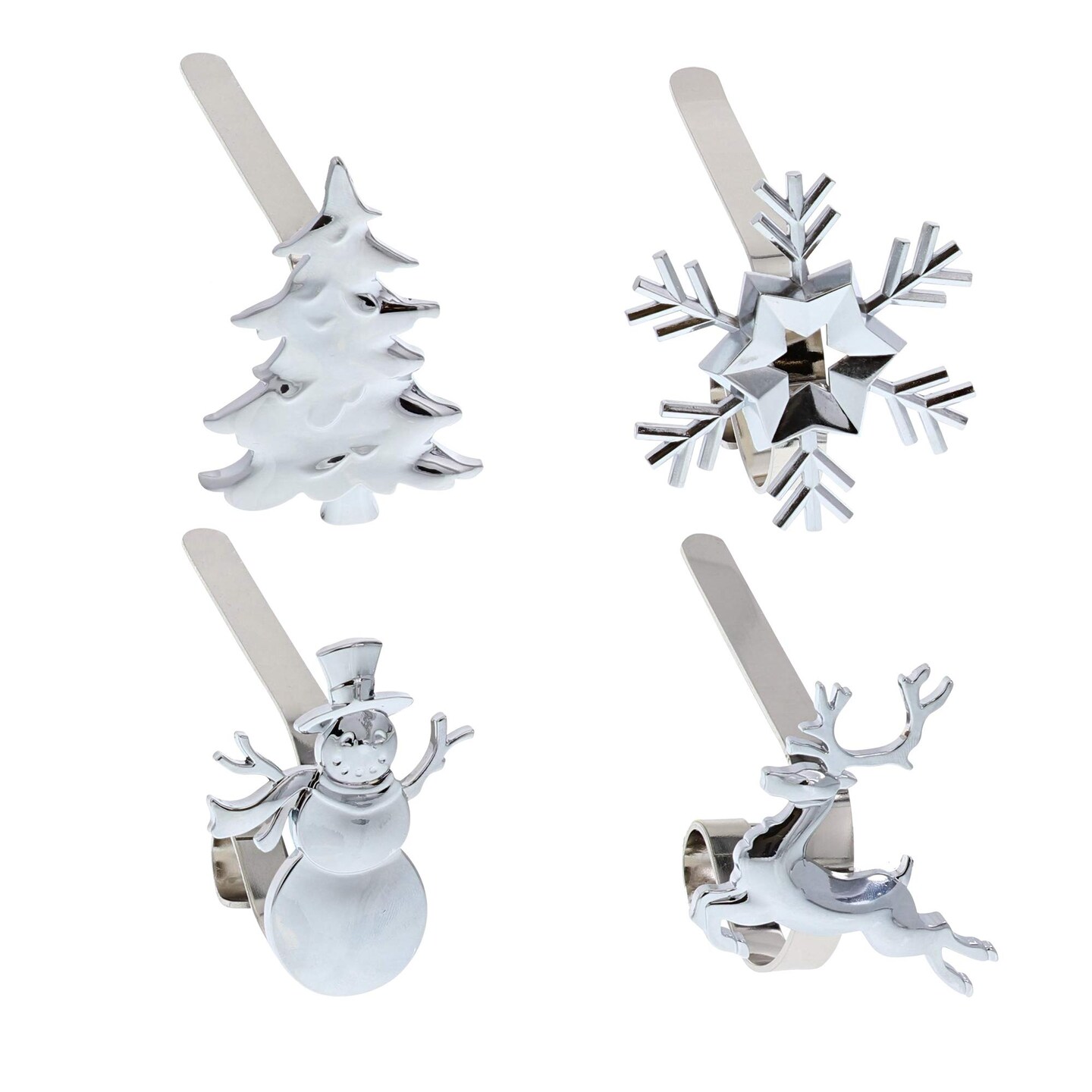 Haute Decor MantleClip Stocking Holders with Removable ZINC Alloy Holiday Icons (4-Pack Assorted Icons)